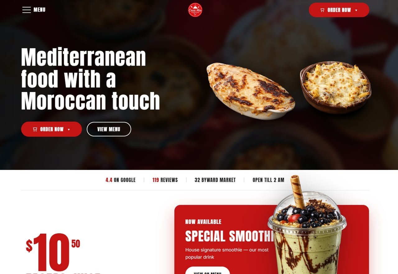 Coza Mia restaurant website built by Cha3el