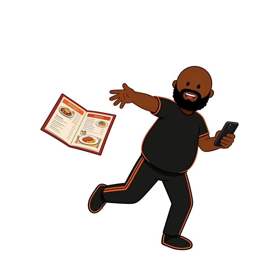 Cha3el mascot tossing away a paper menu while holding a phone with a digital menu