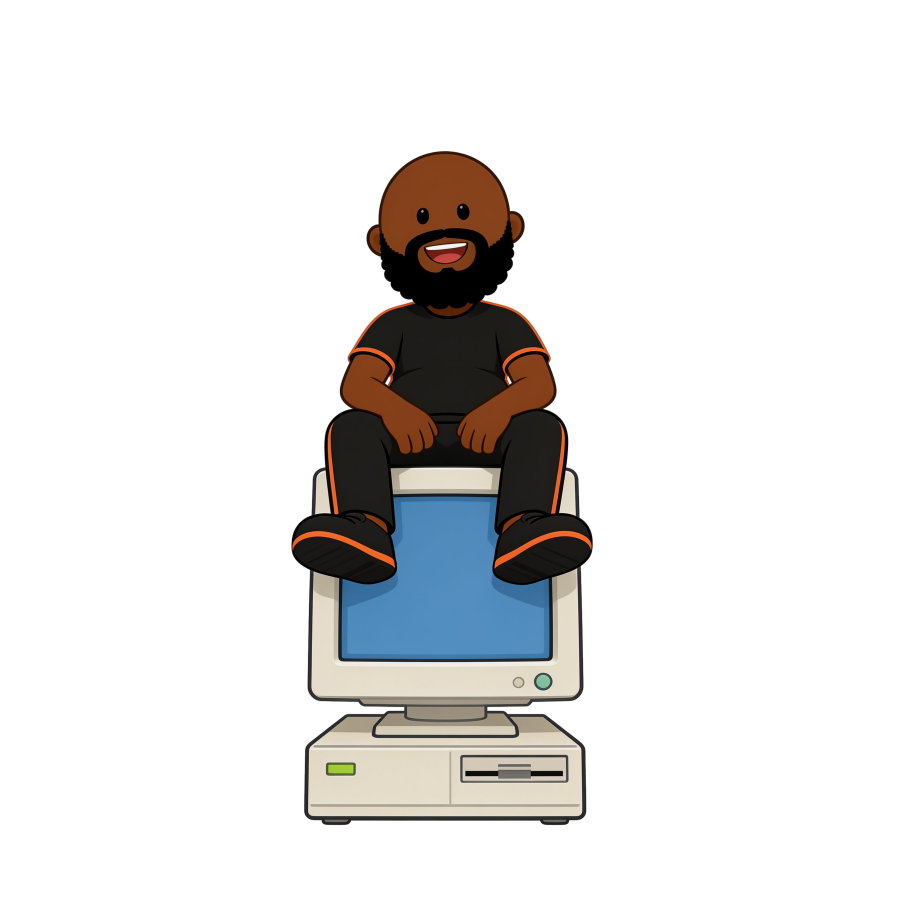 Cha3el mascot sitting on top of a fast retro computer