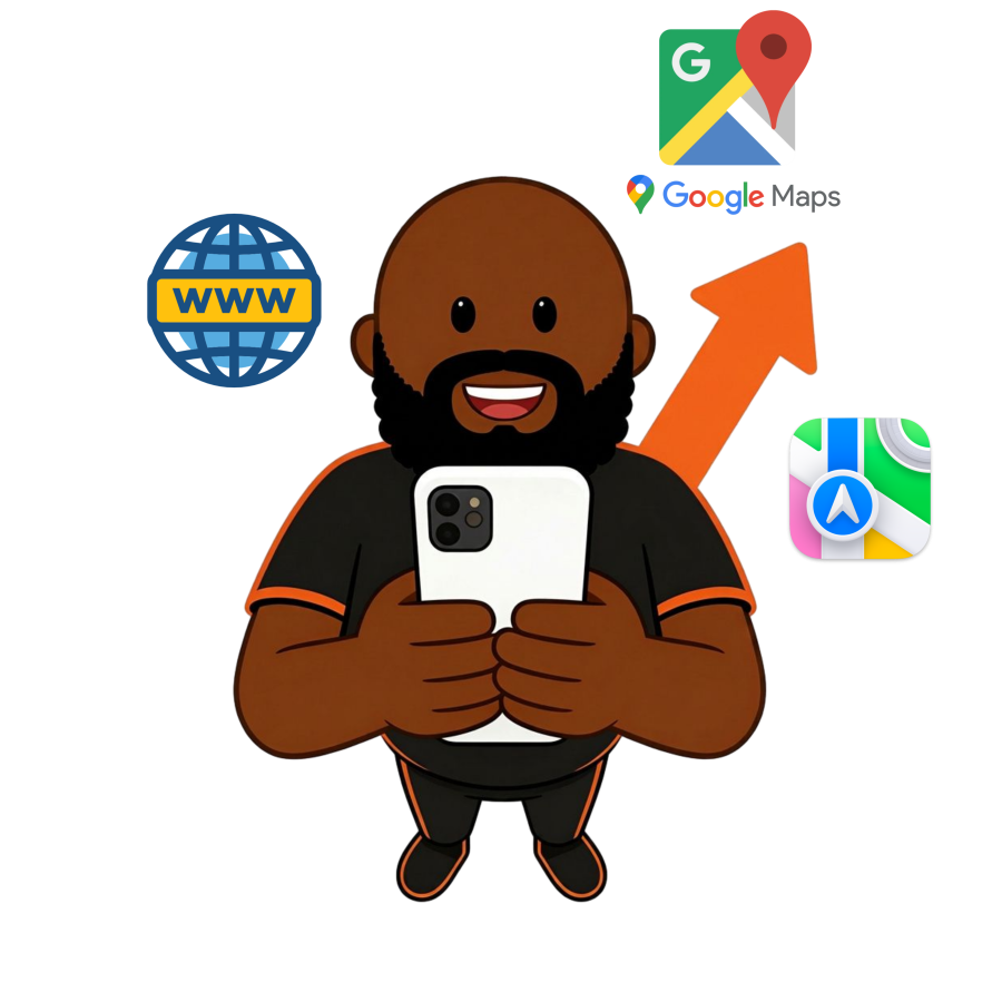 Cha3el mascot holding a phone with a website, Google Maps, and Apple Maps and a rising arrow